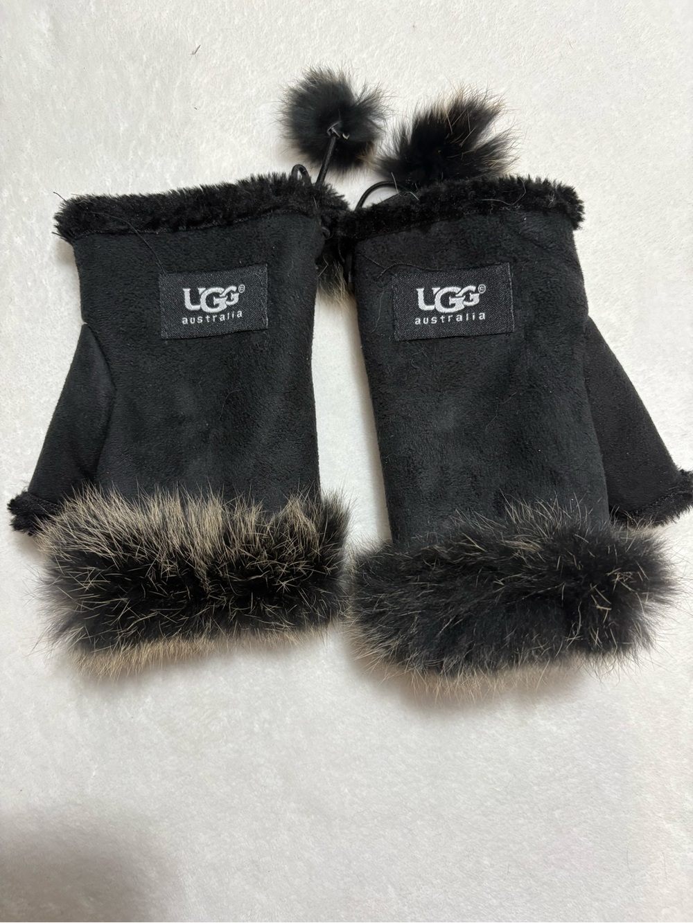 UGG Black Suede-Look Fingerless Mittens with Fur Trim